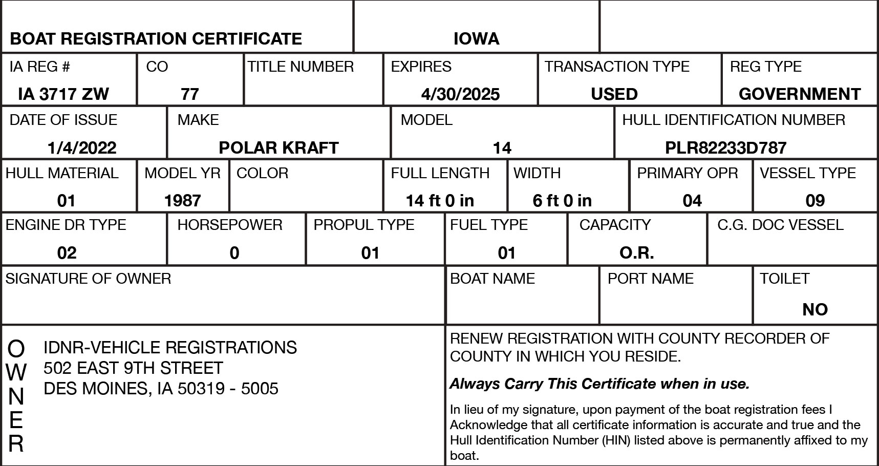 Iowa Registration Certificate