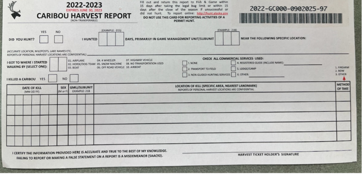 Caribou harvest report