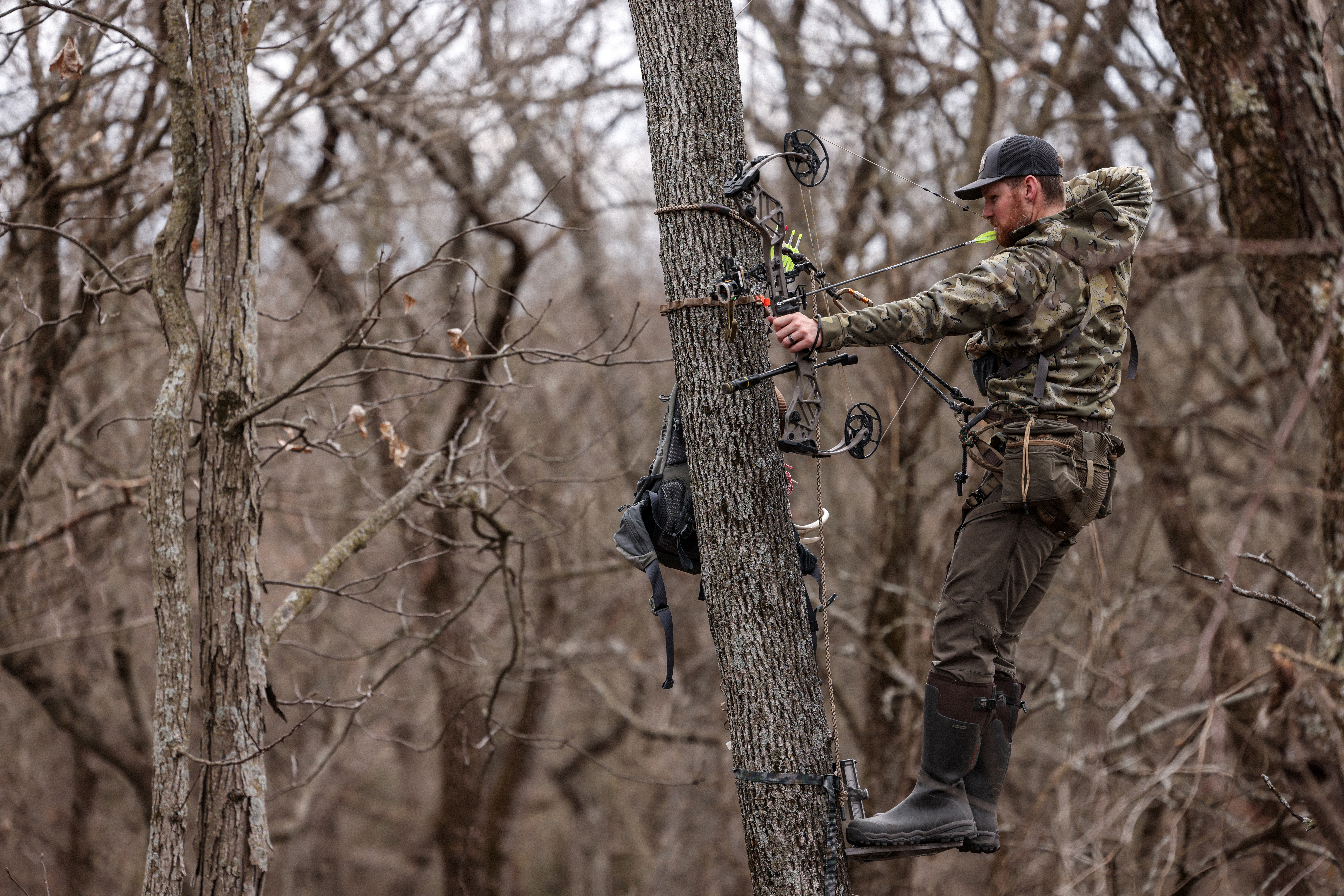 Bowhunter tethered to a tree and shooting to the left
