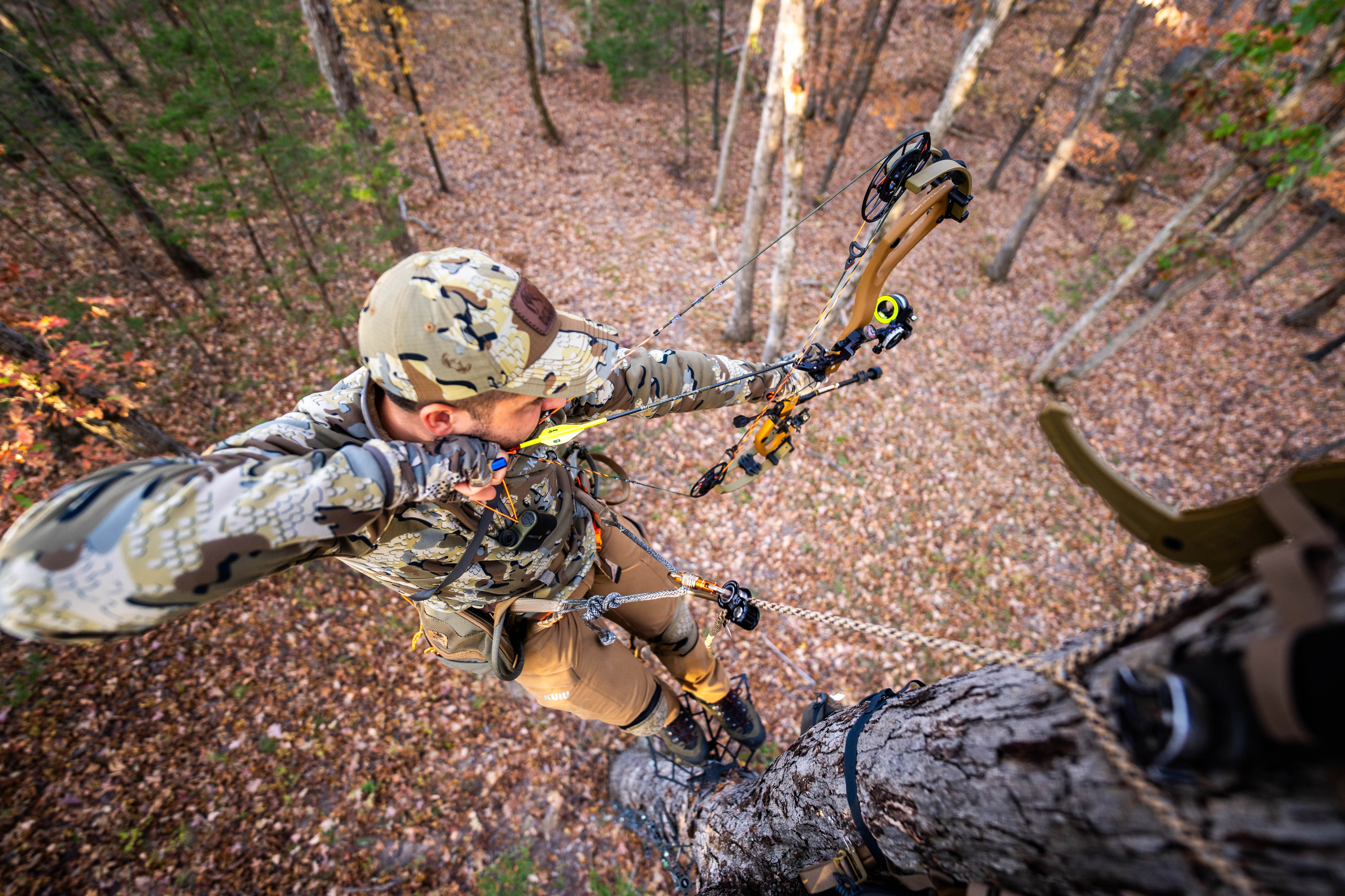 Hunter tethered to a tree with bow drawn from above