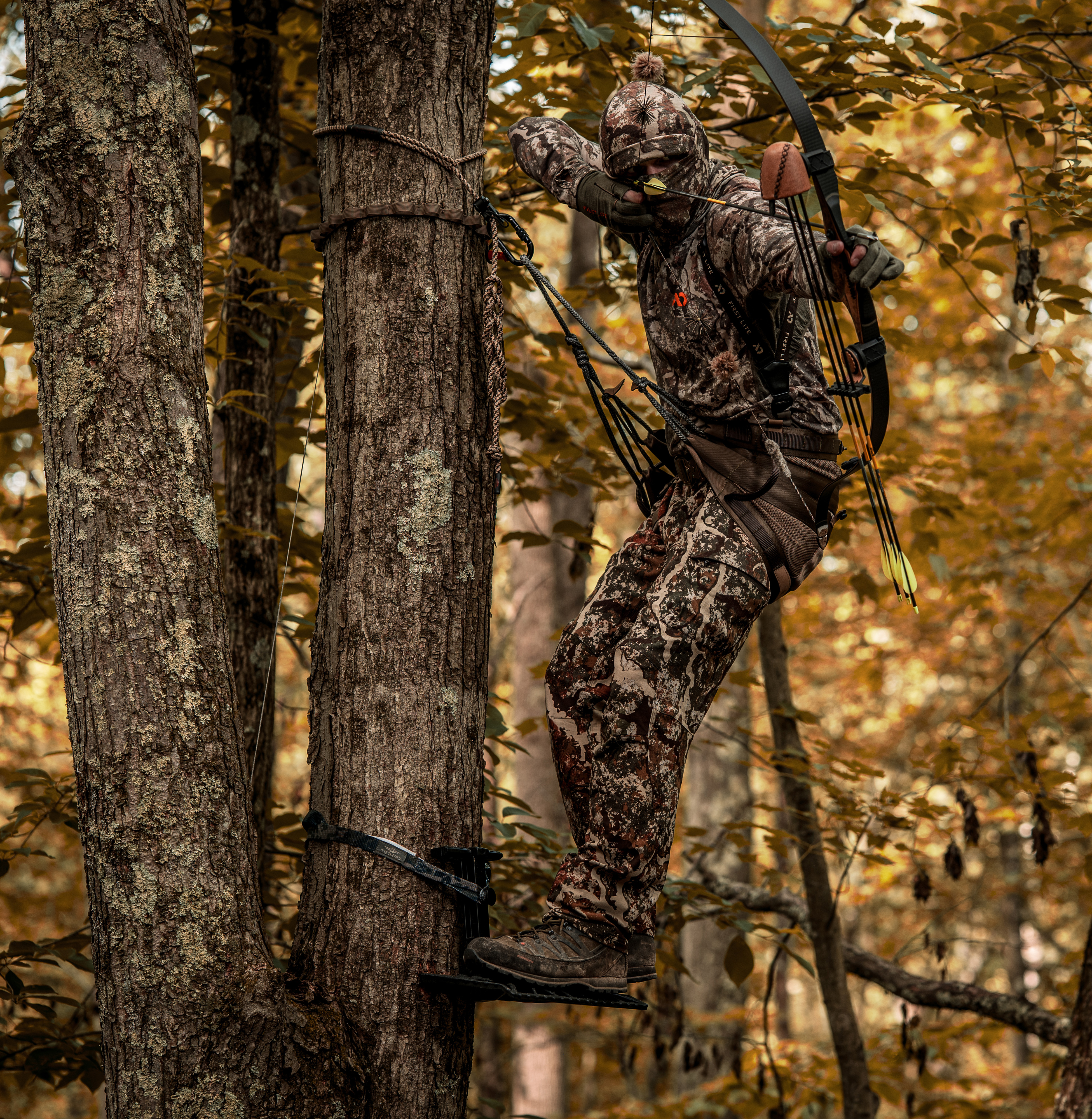 Bowhunter saddle hunting with camouflage clothing