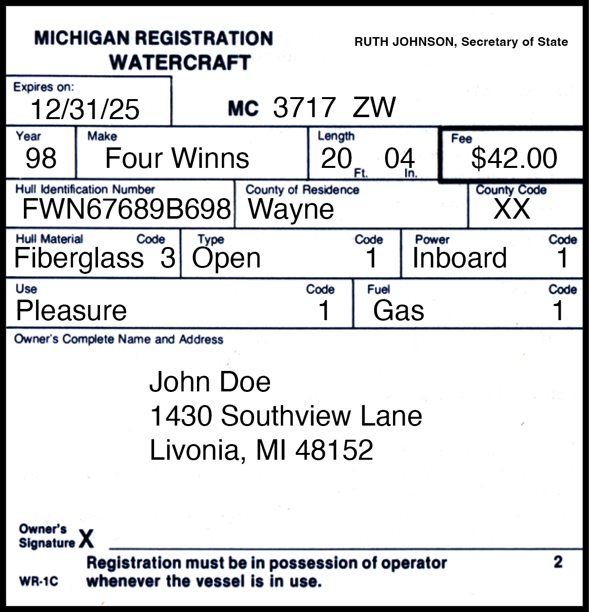 Michigan Certificate of Number